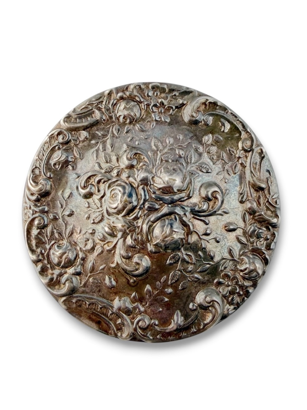 Vintage Gorham Silverplate Floral Rose Ornate Round Pocket Mirror 2 7/8”